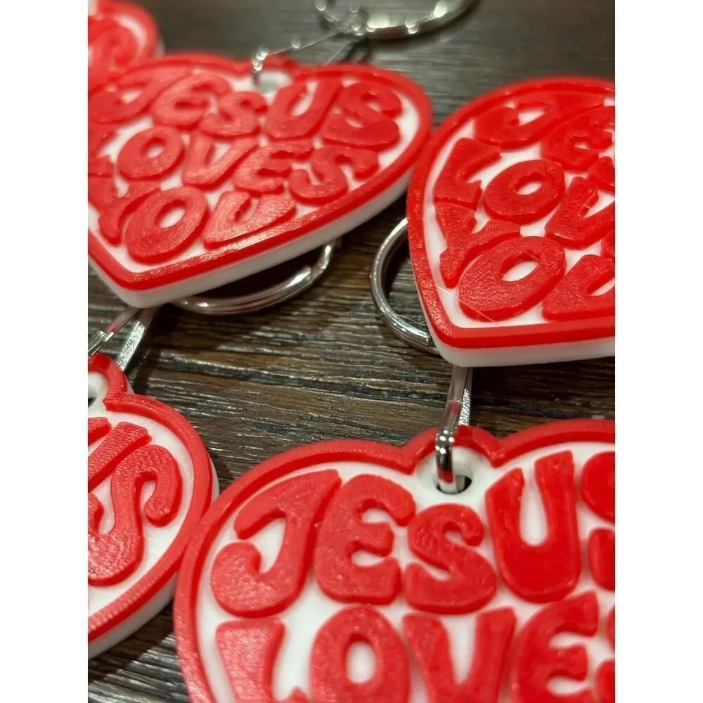 Jesus Loves You Heart Keychain | Red White Retro Christian Faith Gift (10 Pack)